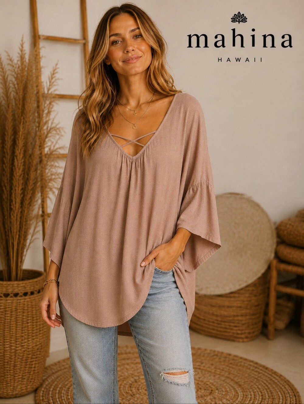 Mahina Hawaii Boho Blouse Top Dusty Rose Crisscross Size Medium
